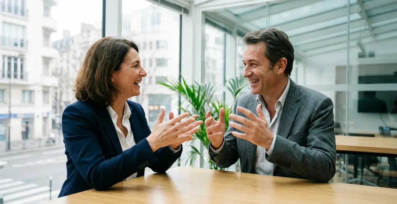 Élus CSE en discussion informelle lors d'une réunion professionnelle