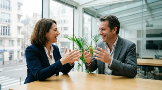 Élus CSE en discussion informelle lors d'une réunion professionnelle